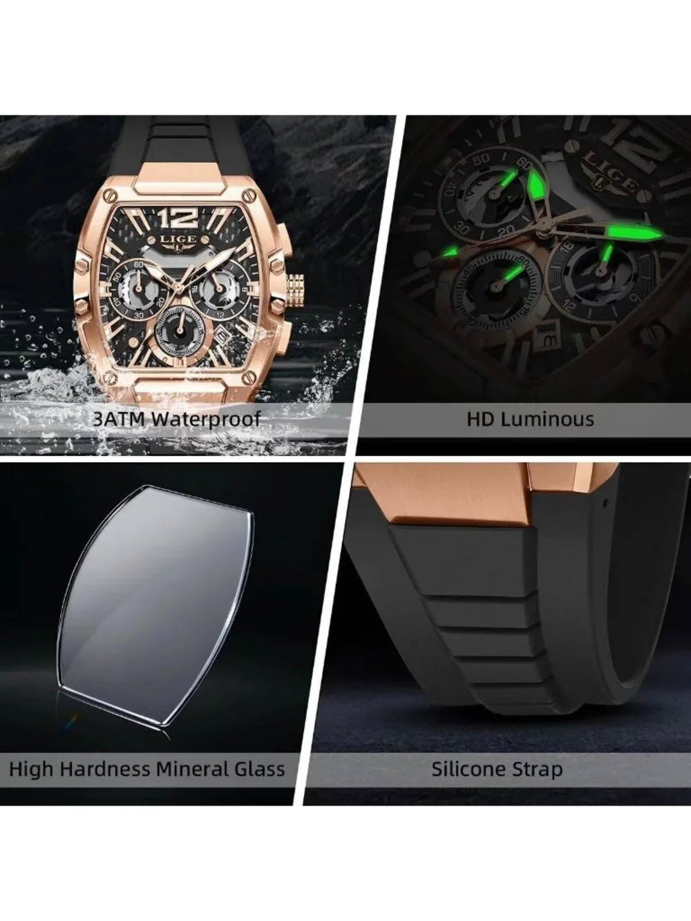 Men's Black and Bright Copper Square Chronograph Stainless Steel Quartz Watch